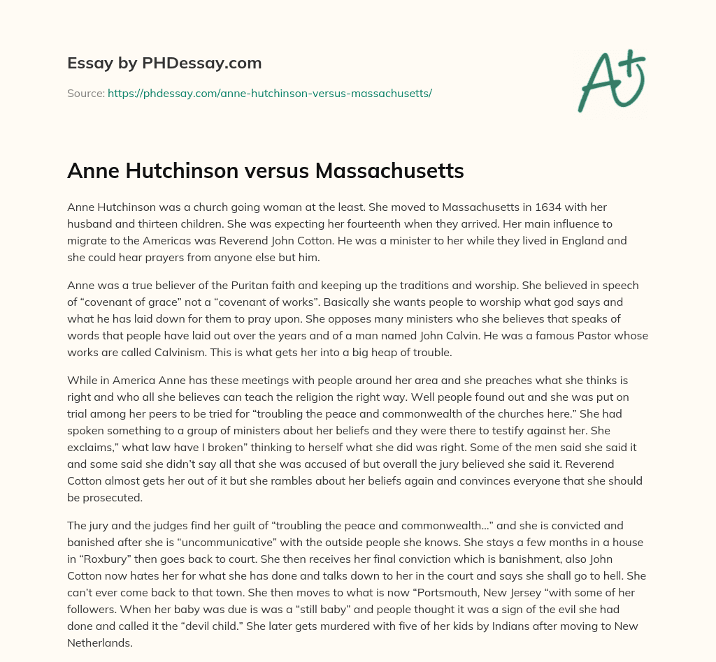 Anne Hutchinson versus Massachusetts essay