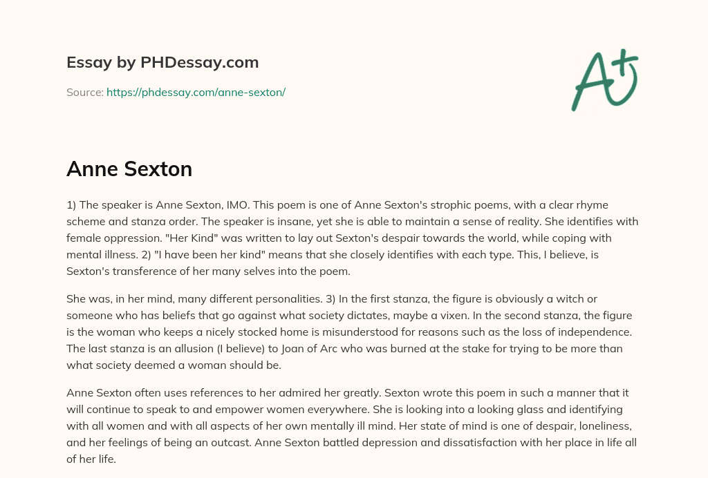 Anne Sexton’s Her Kind: A Poem of Female Oppression and Empowerment essay