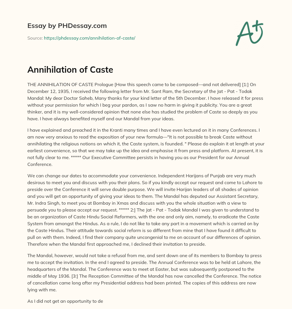 Annihilation of Caste essay