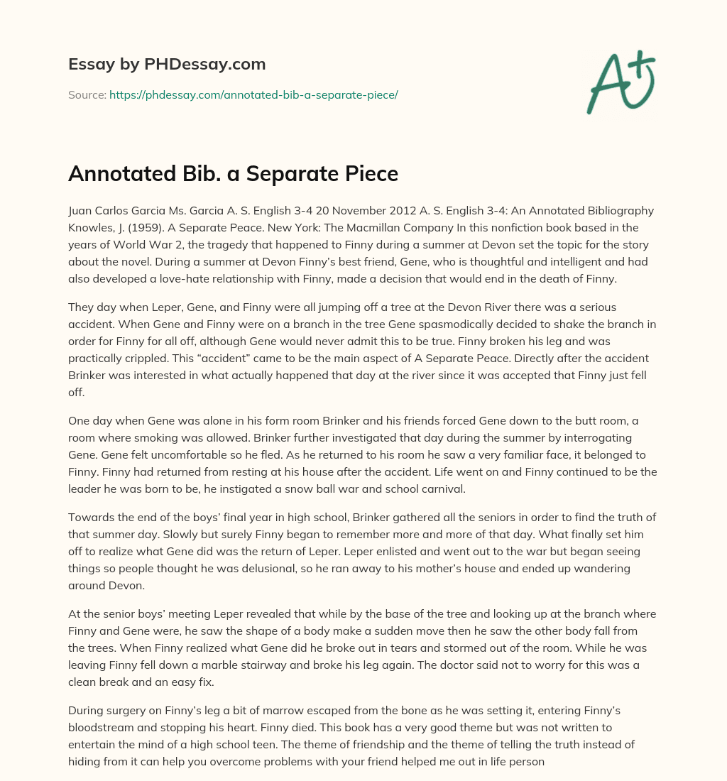 Annotated Bib. a Separate Piece essay