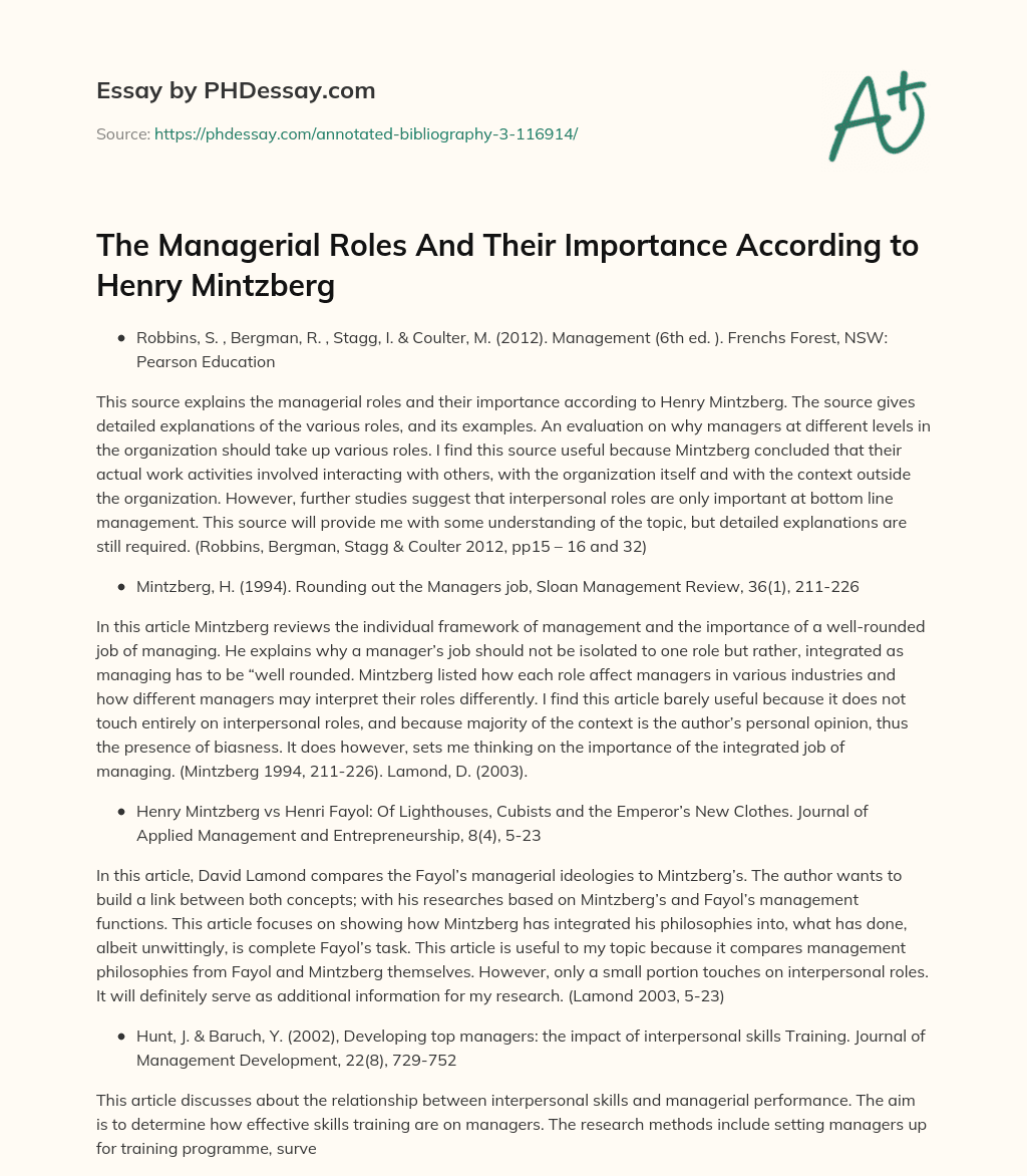 The Managerial Roles And Their Importance According to Henry Mintzberg essay