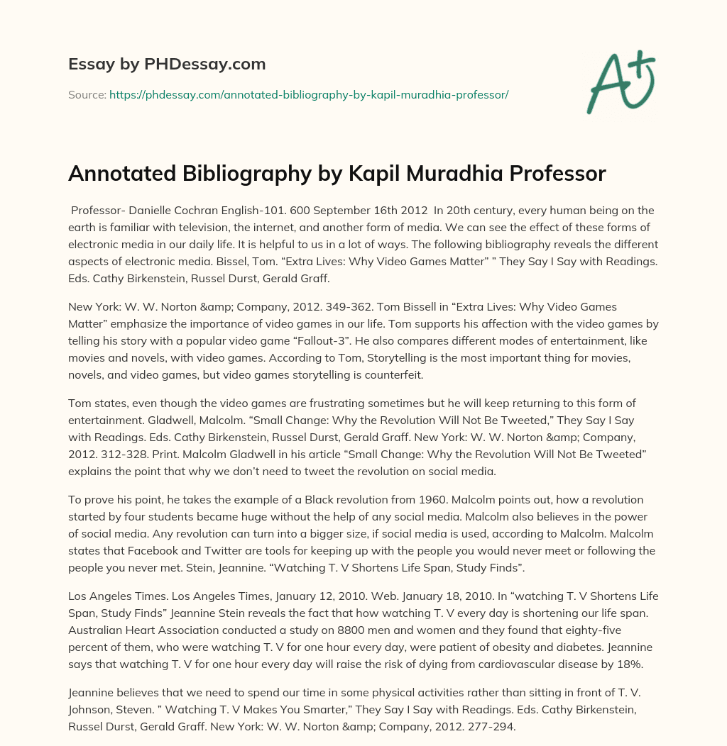 Annotated Bibliography by Kapil Muradhia Professor essay