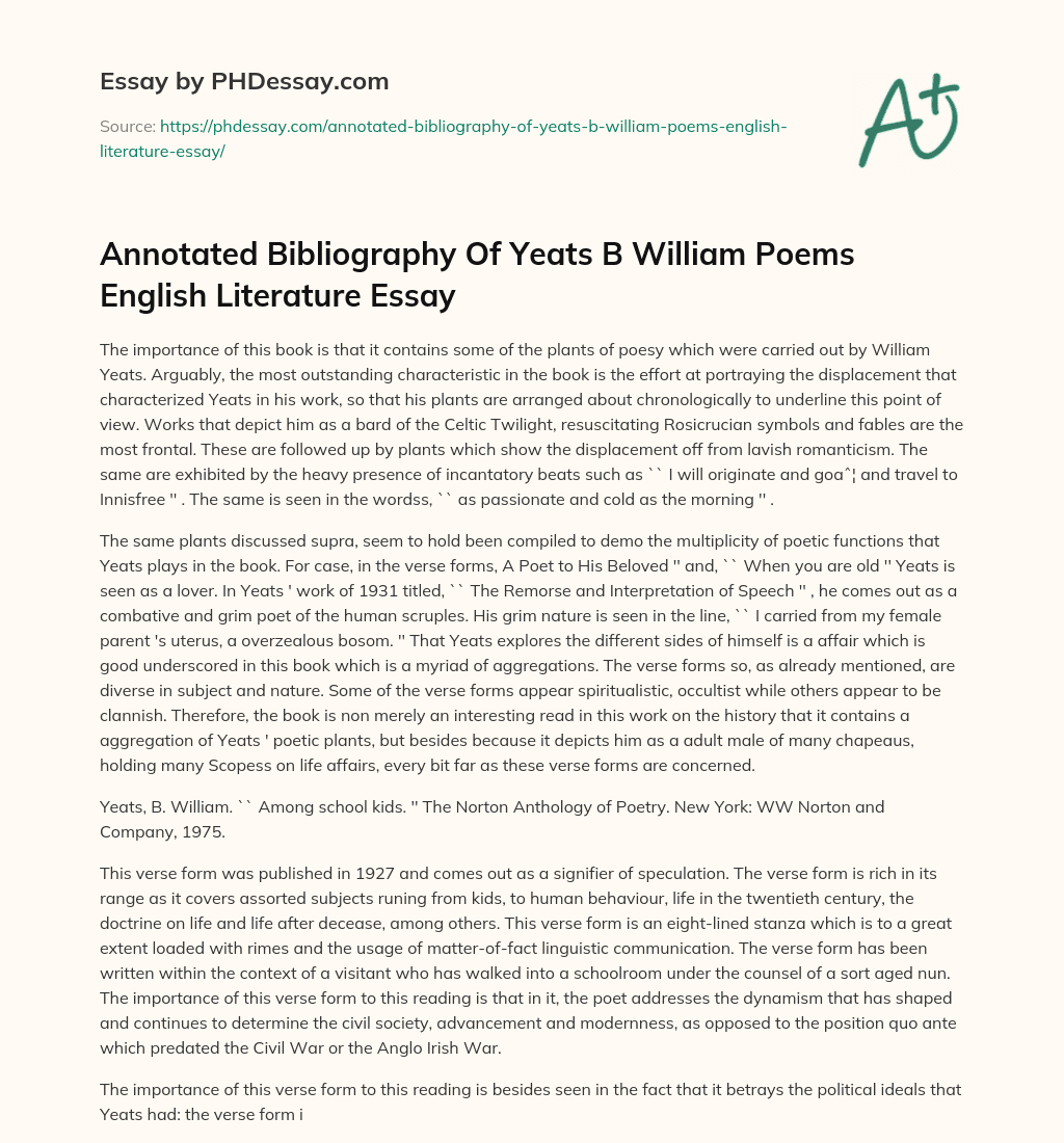 Annotated Bibliography Of Yeats B William Poems English Literature Essay essay