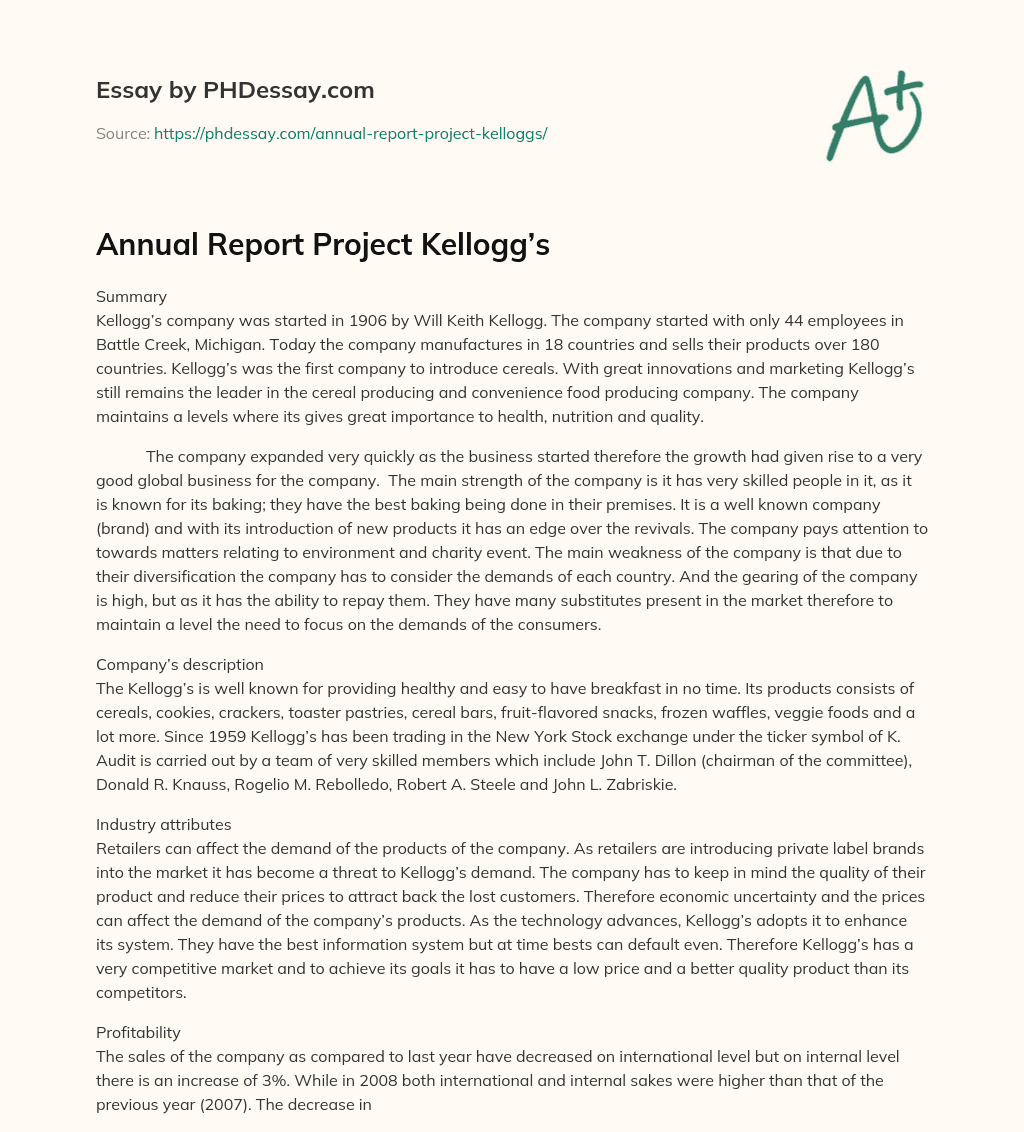 Annual Report Project Kellogg’s essay