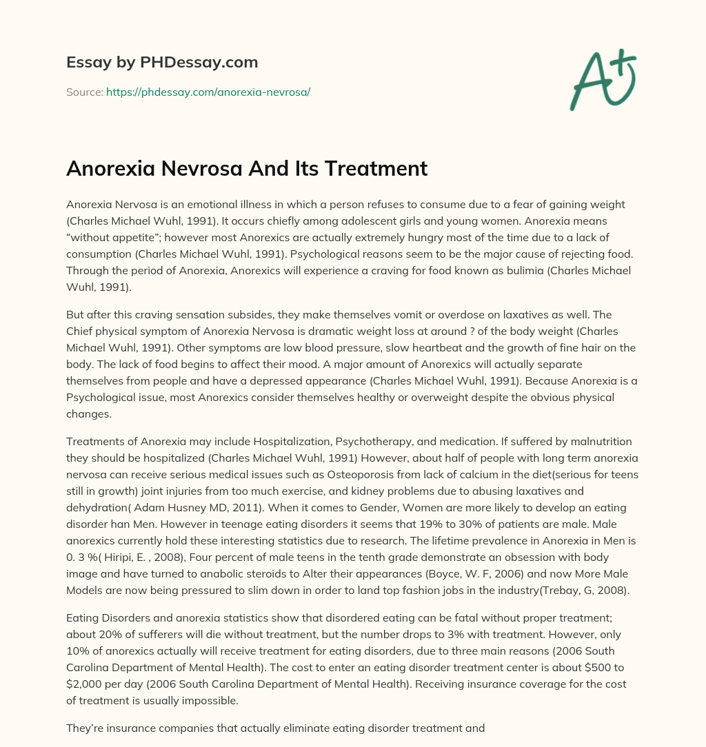 Anorexia Nevrosa And Its Treatment essay