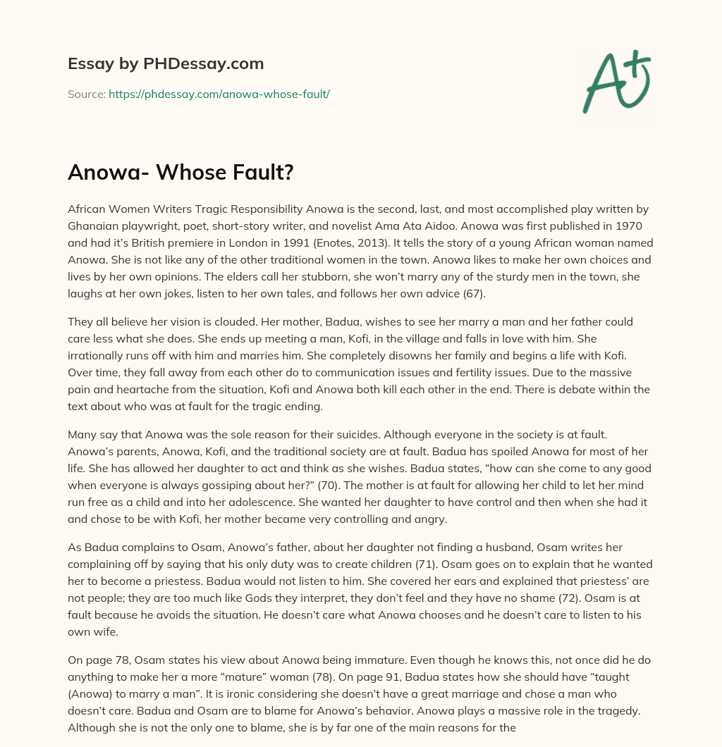 Anowa- Whose Fault? essay