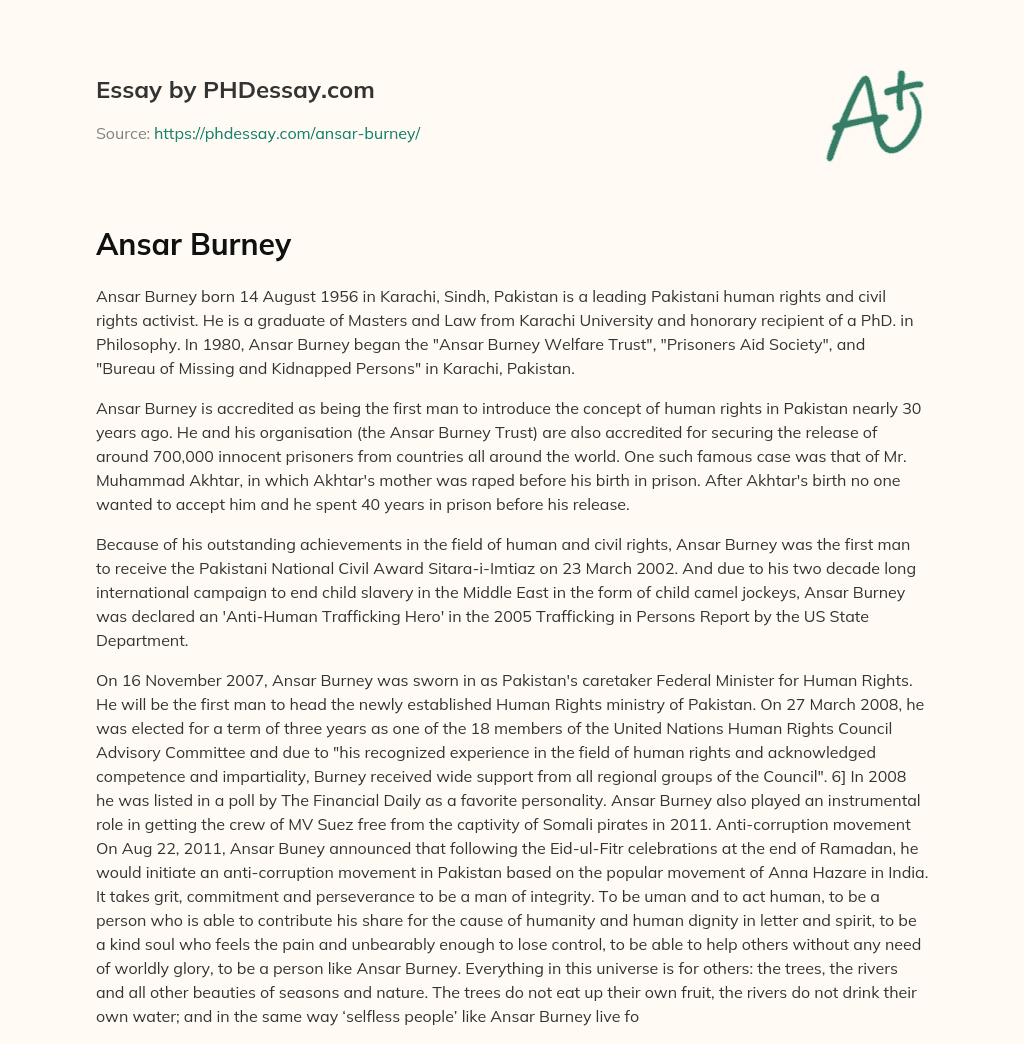 Profile of Pakistani Human Rights Activist Ansar Burney and his Achievements essay