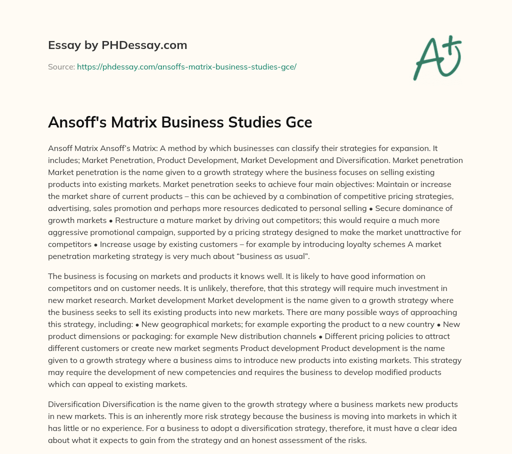Ansoff’s Matrix Business Studies Gce essay