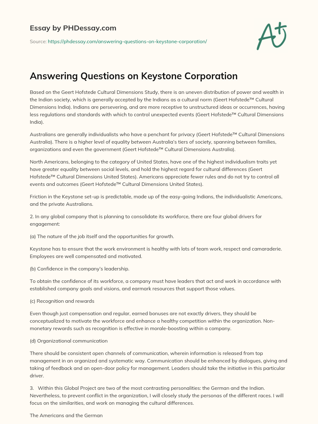 Answering Questions on Keystone Corporation essay
