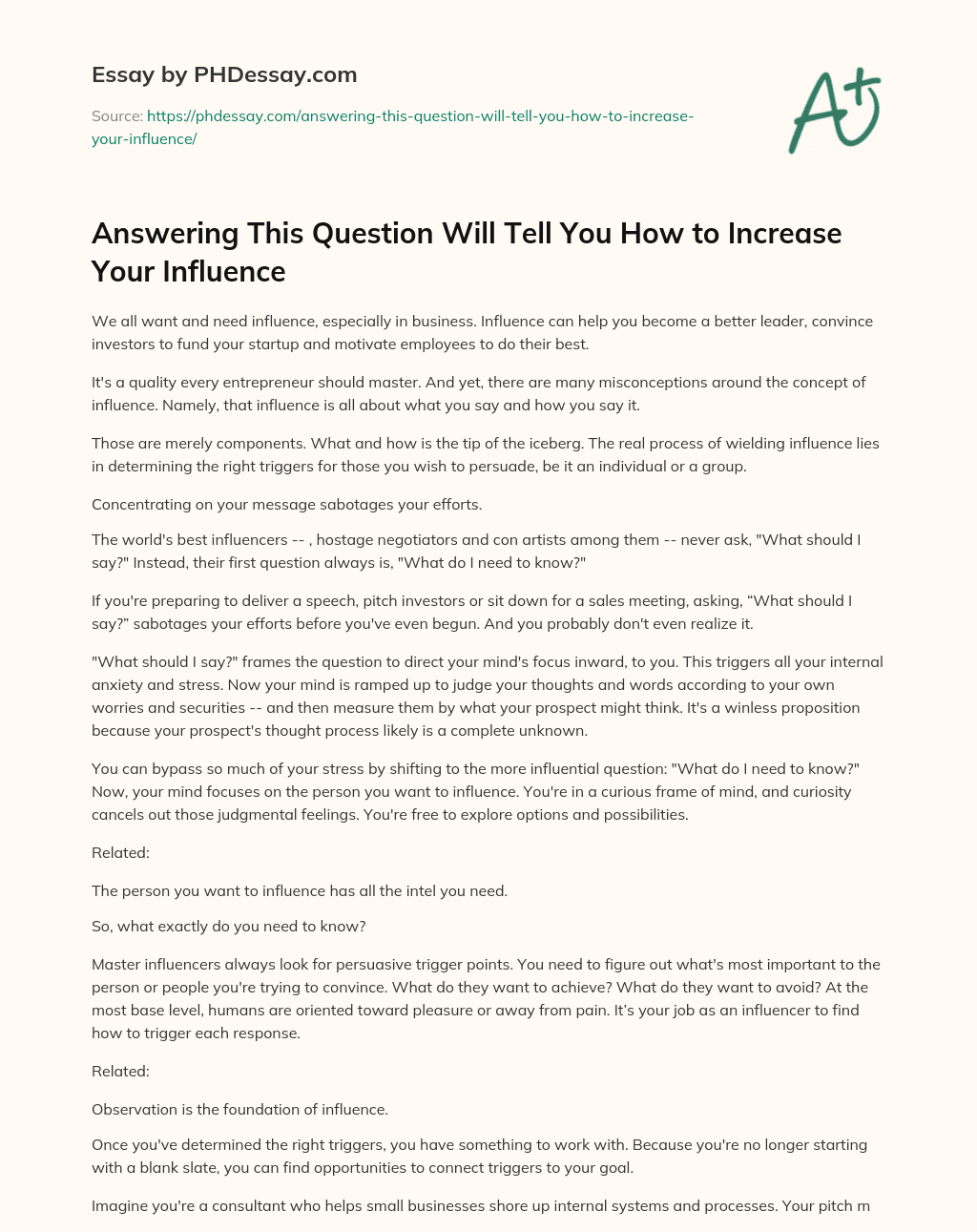 Answering This Question Will Tell You How to Increase Your Influence essay