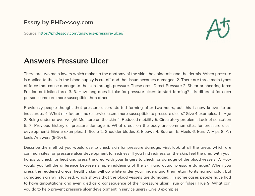 Answers Pressure Ulcer essay