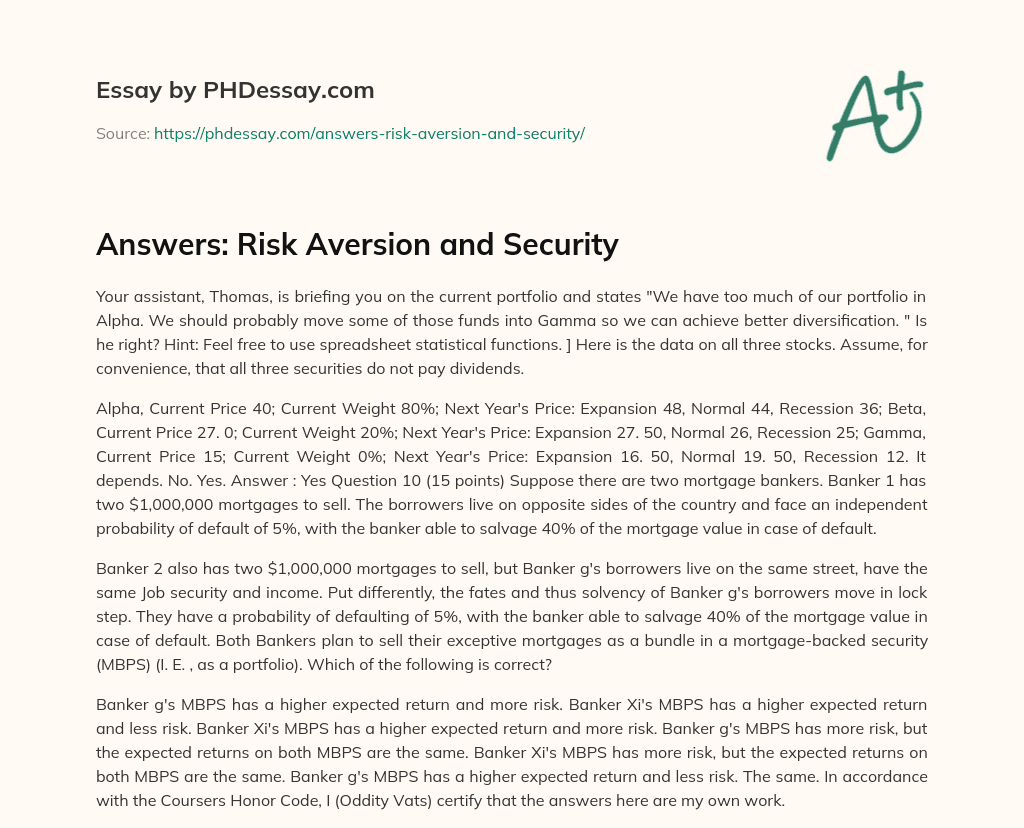 Answers: Risk Aversion and Security essay