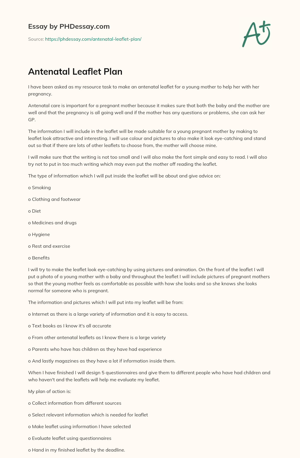 Antenatal Leaflet Plan essay