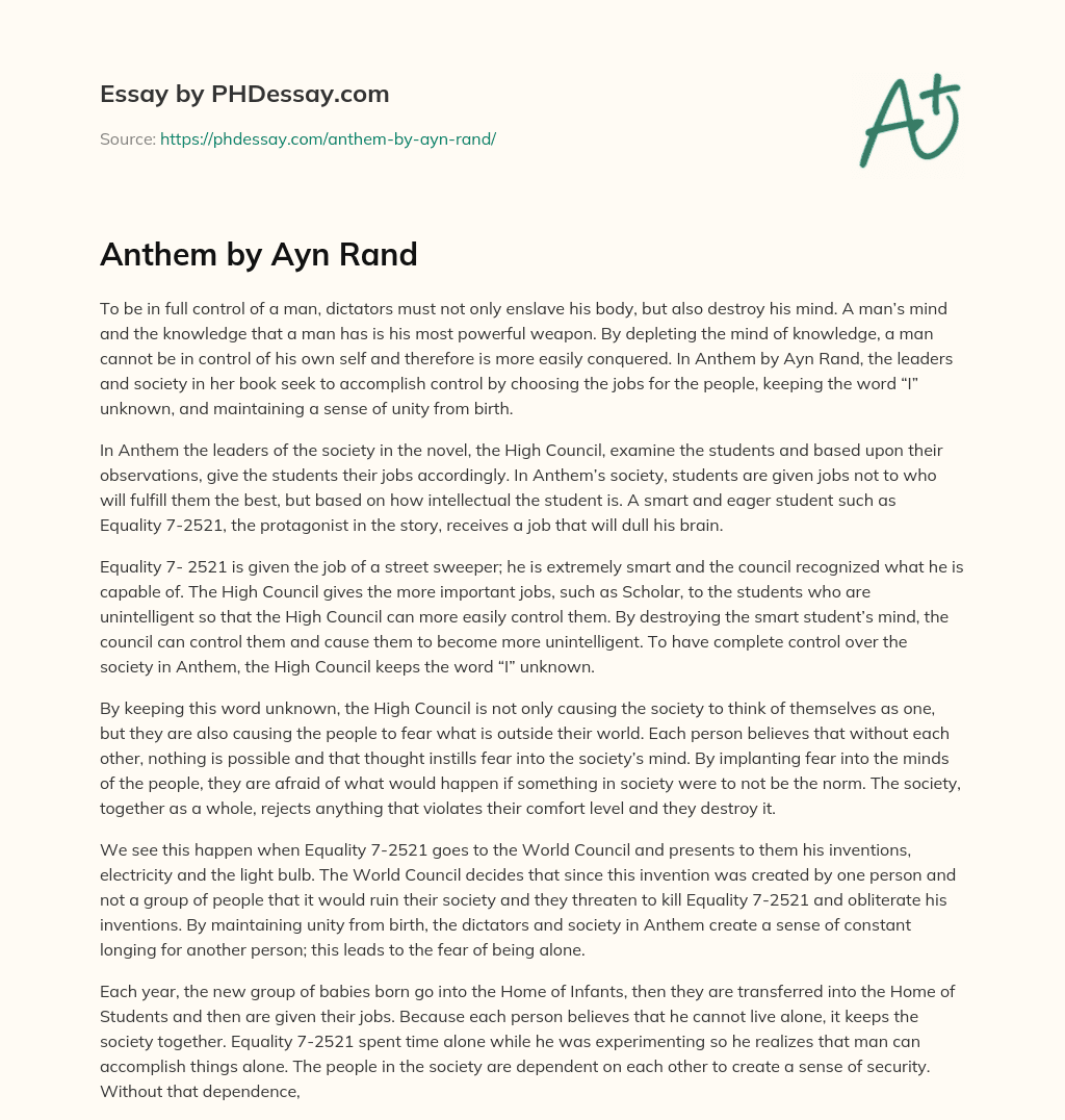 Anthem by Ayn Rand essay