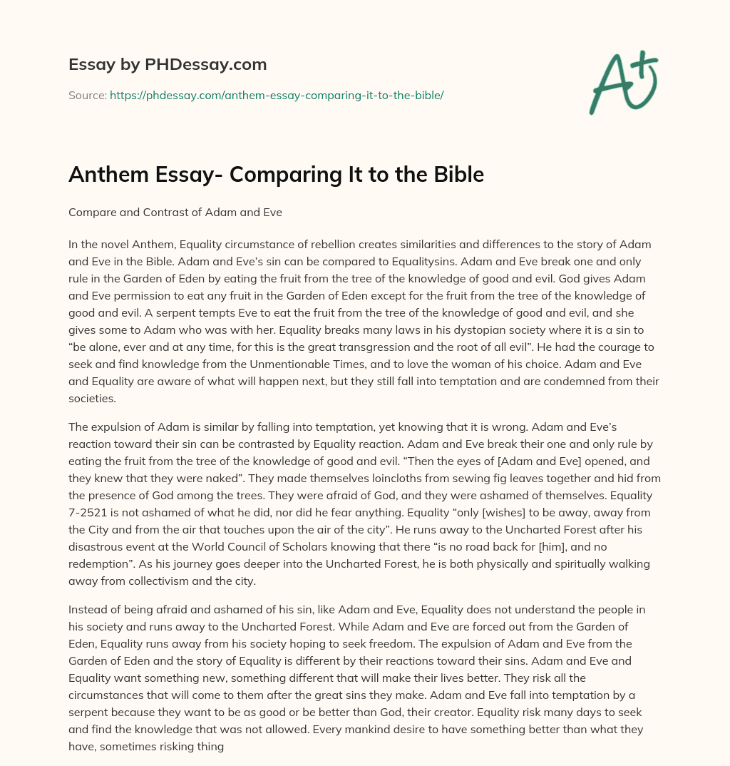 Anthem Essay- Comparing It to the Bible essay