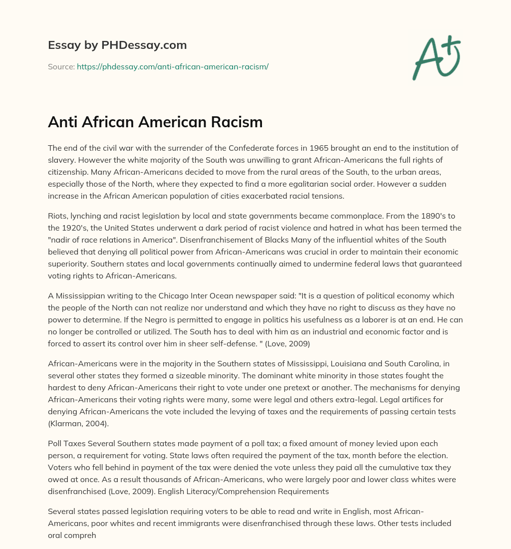Anti African American Racism essay