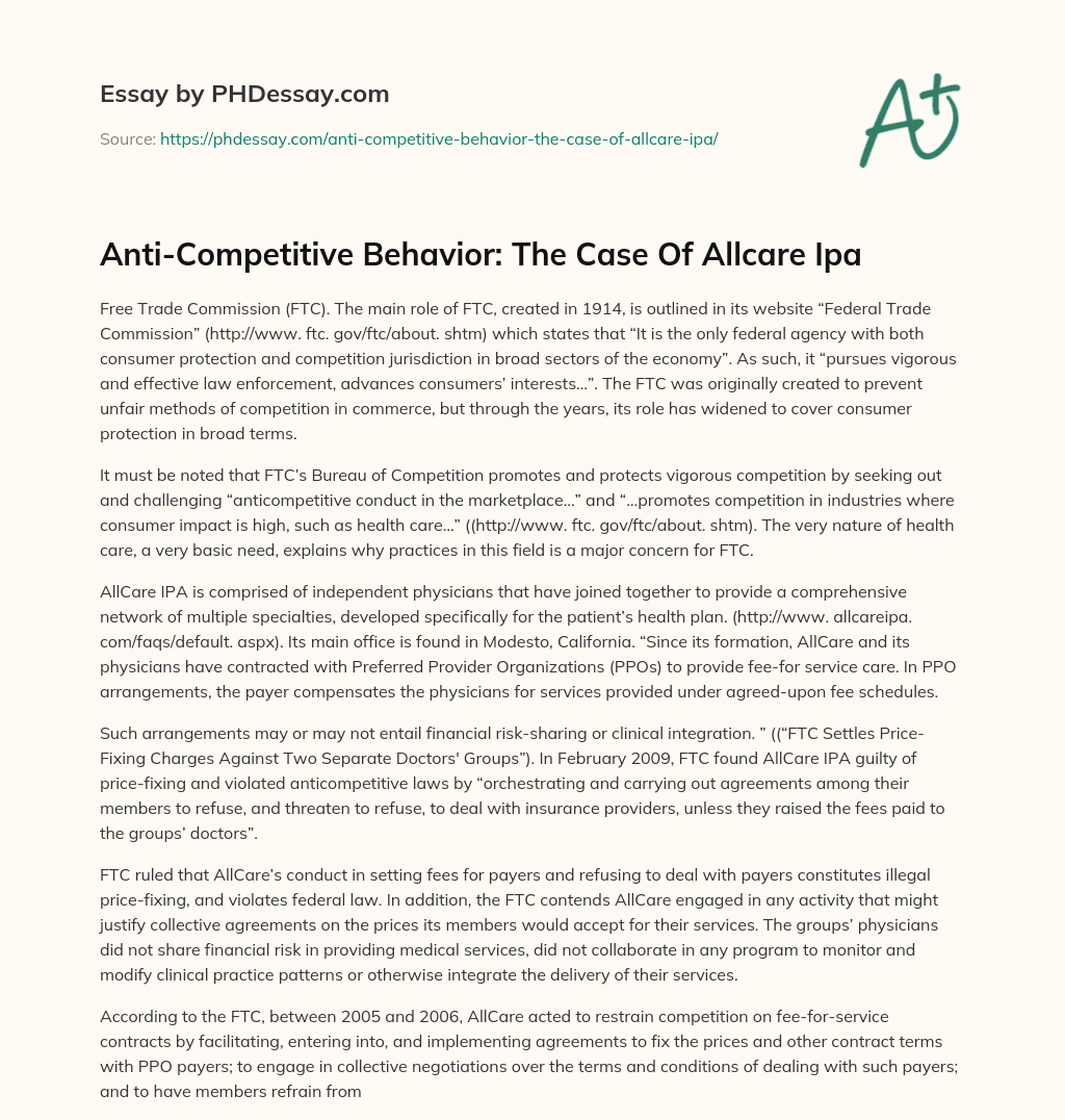 Anti-Competitive Behavior:  The Case Of Allcare Ipa essay