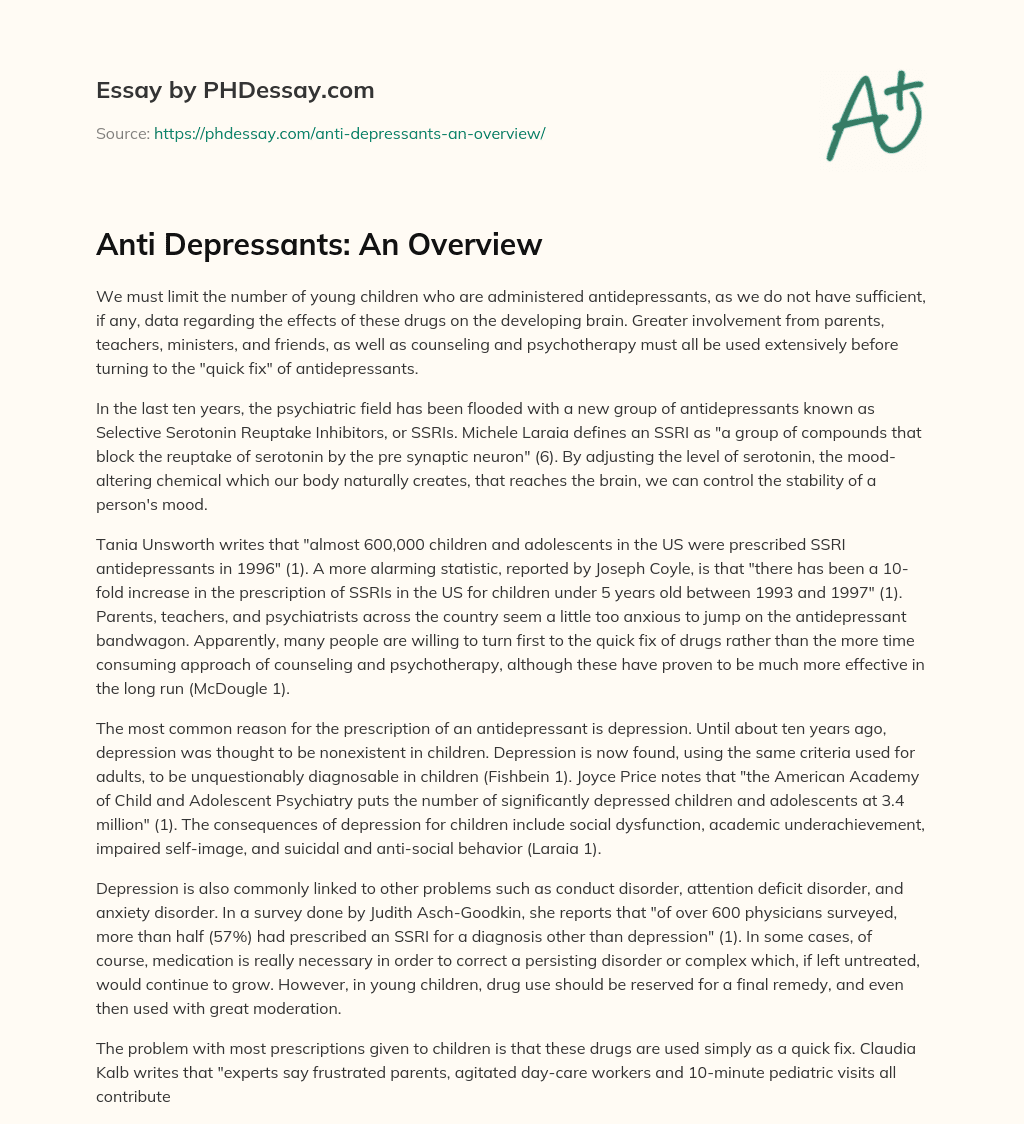 Anti Depressants: An Overview essay