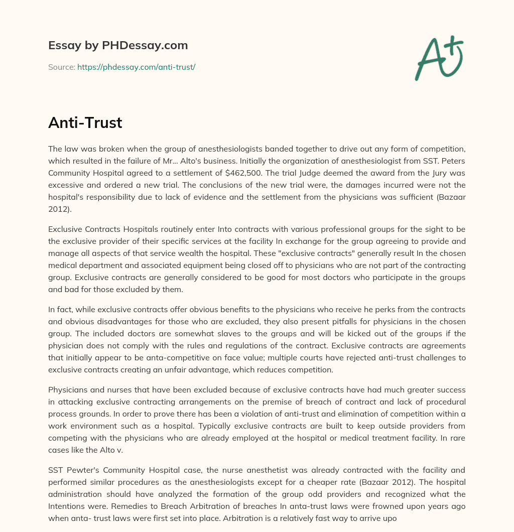 Anesthesiologists Break Law to Drive Out Competition, Resulting in Business Failure essay