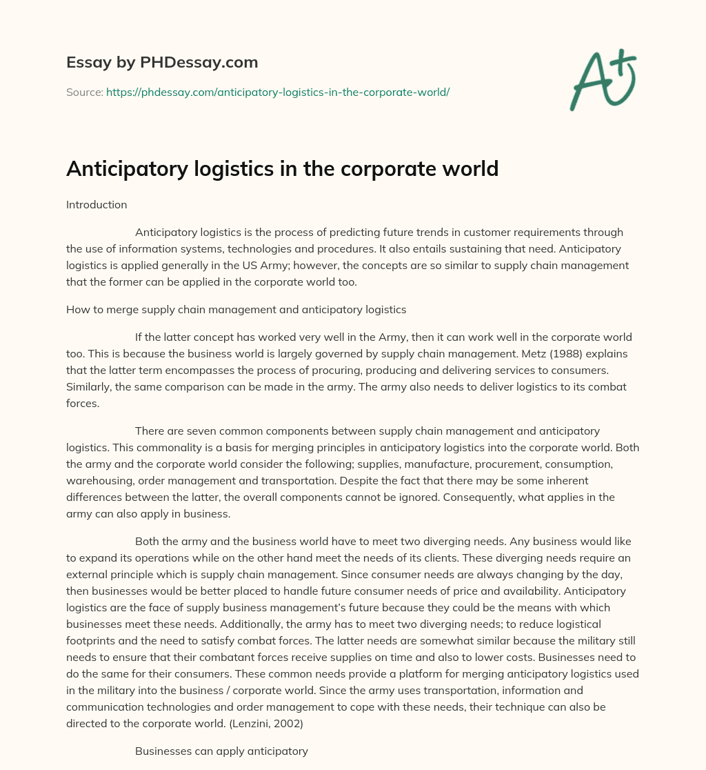 Anticipatory logistics in the corporate world essay