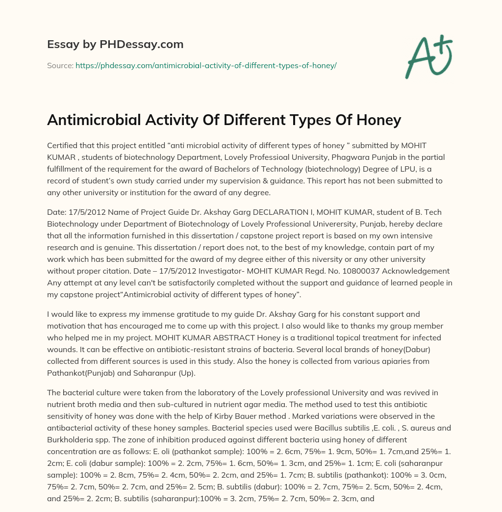 Antimicrobial Activity Of Different Types Of Honey essay