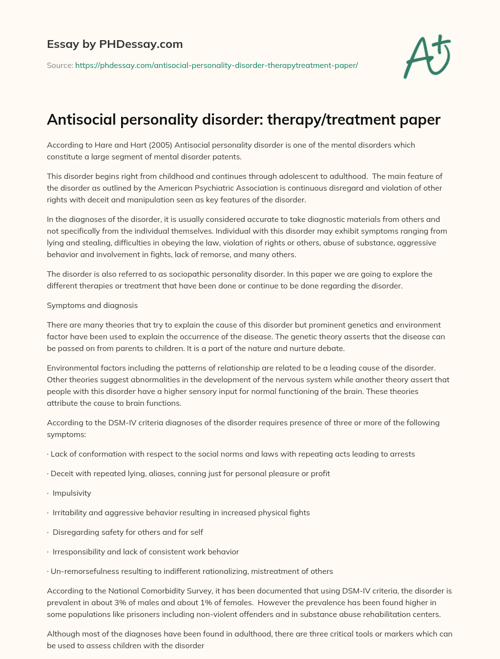 Antisocial personality disorder: therapy/treatment paper essay