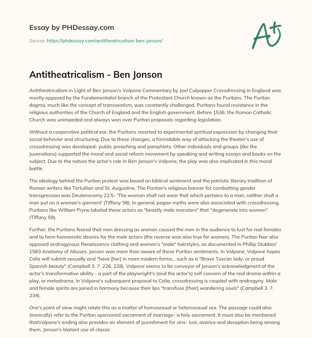 Antitheatricalism – Ben Jonson essay