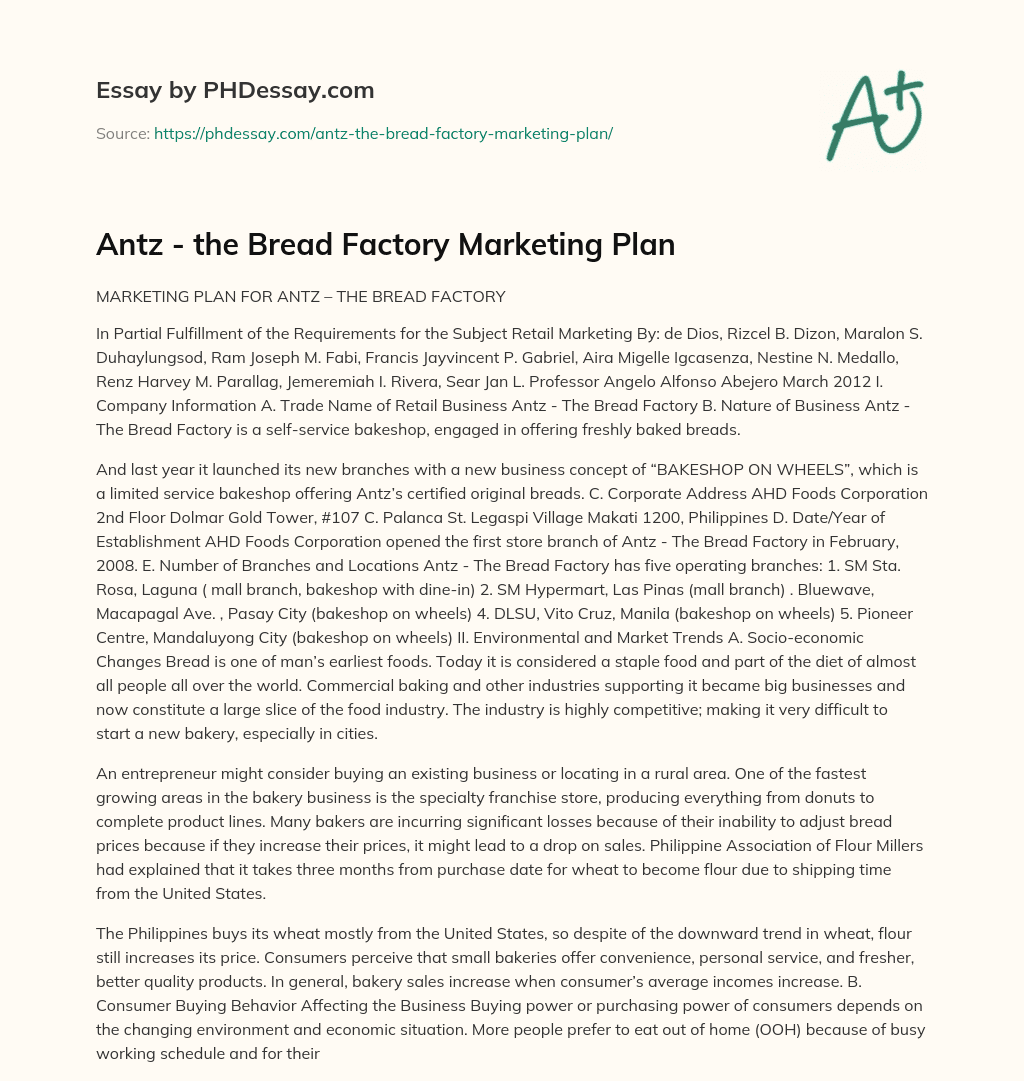 Antz – the Bread Factory Marketing Plan essay