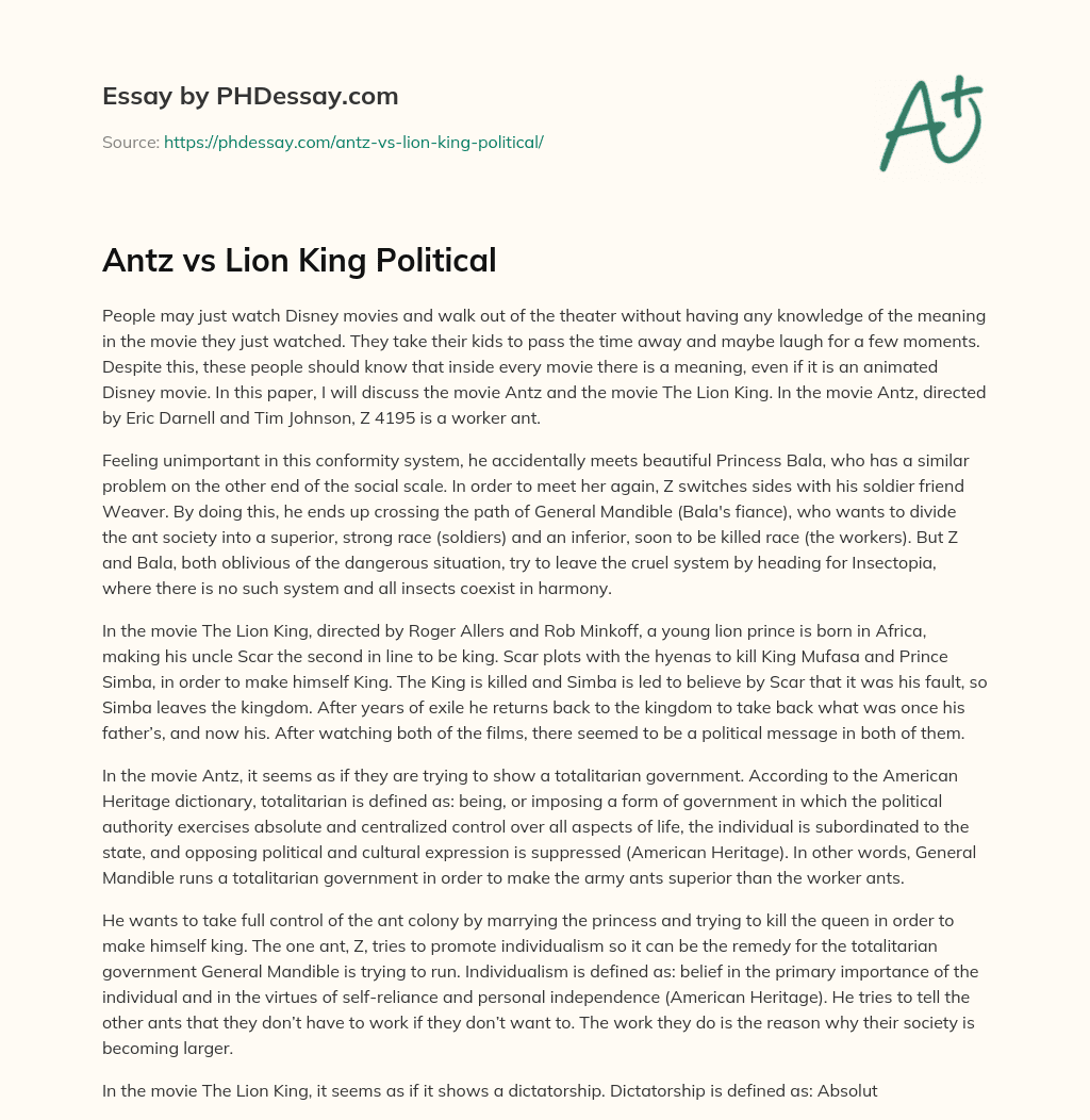 Antz vs Lion King Political essay