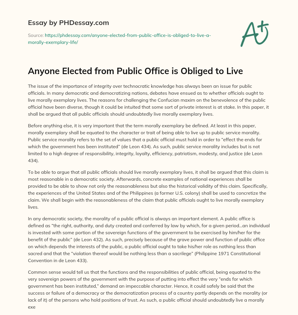 Anyone Elected from Public Office is Obliged to Live essay