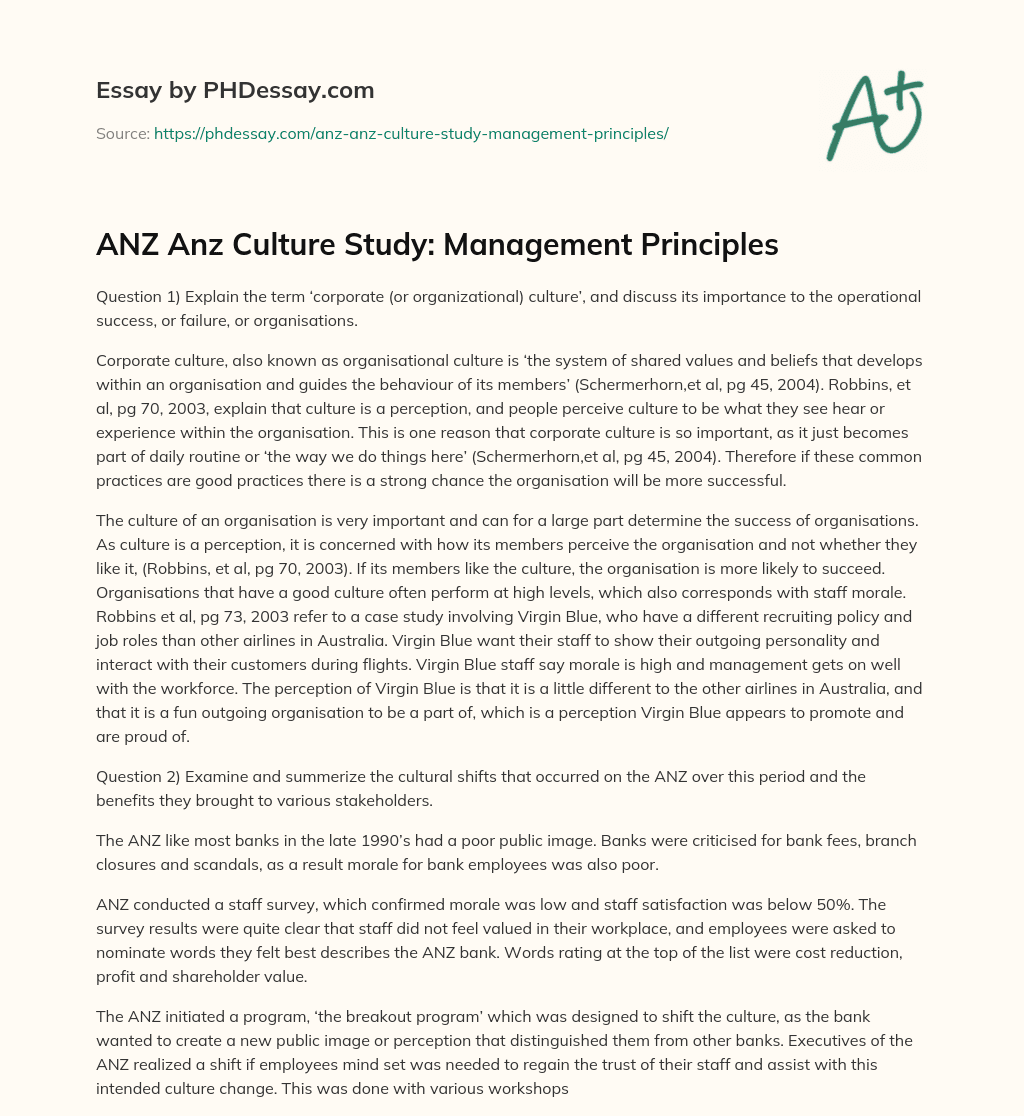 ANZ Anz Culture Study: Management Principles essay