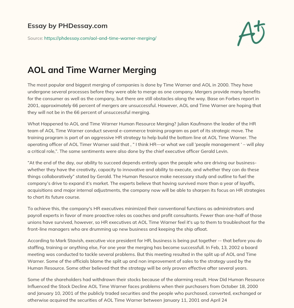 AOL and Time Warner Merging essay