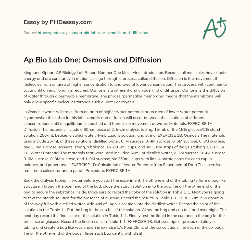 Ap Bio Lab One: Osmosis and Diffusion essay