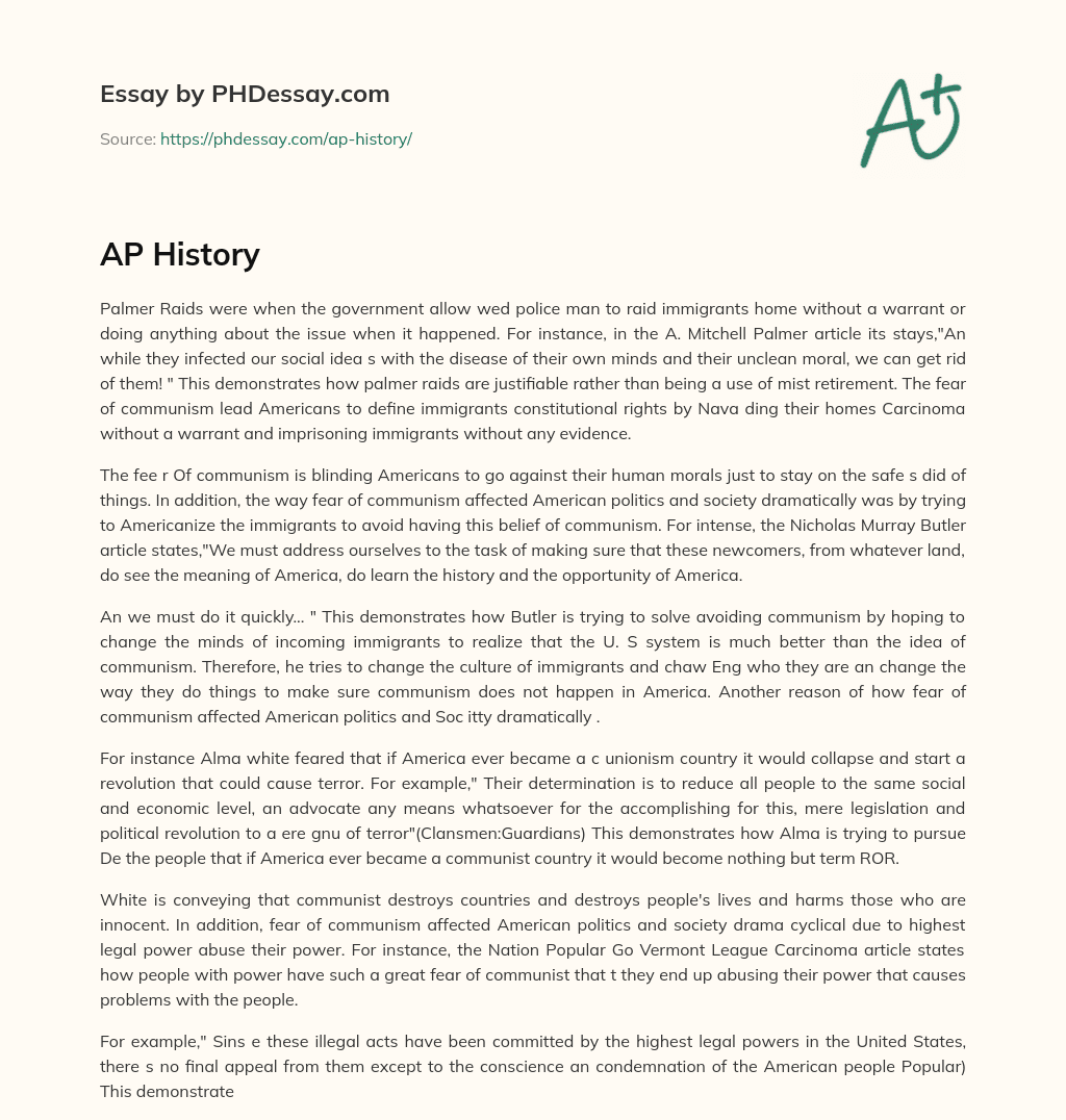 Palmer Raids and the Fear of Communism in American Society essay
