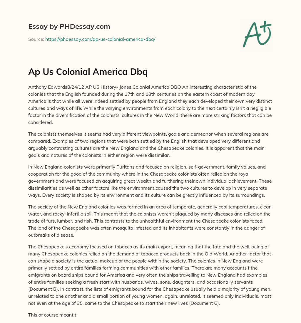 Ap Us Colonial America Dbq essay