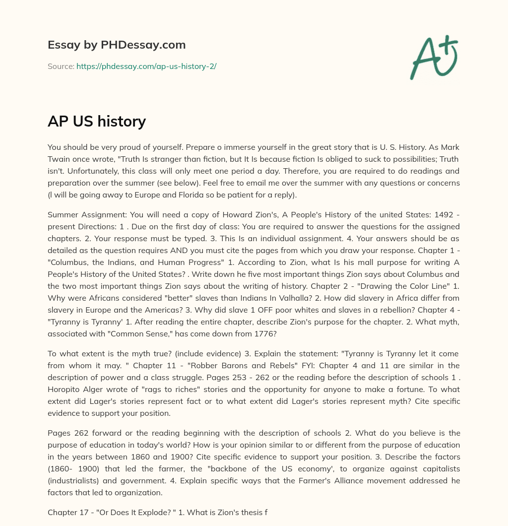 Summer Assignment for U.S. History: Prepare to Immerse Yourself in a Great Story essay