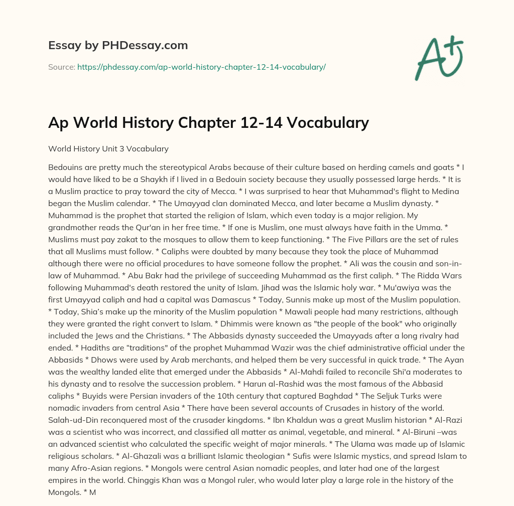 Ap World History Chapter 12-14 Vocabulary essay