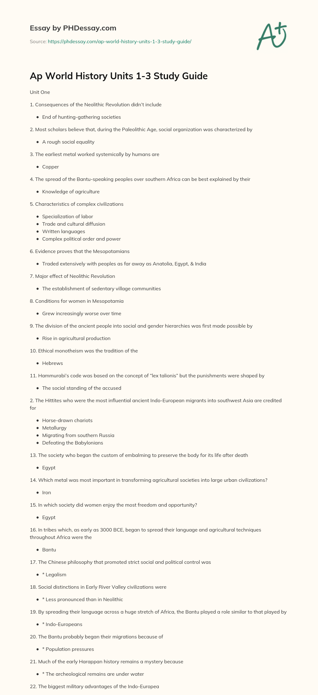 Ap World History Units 1-3 Study Guide essay