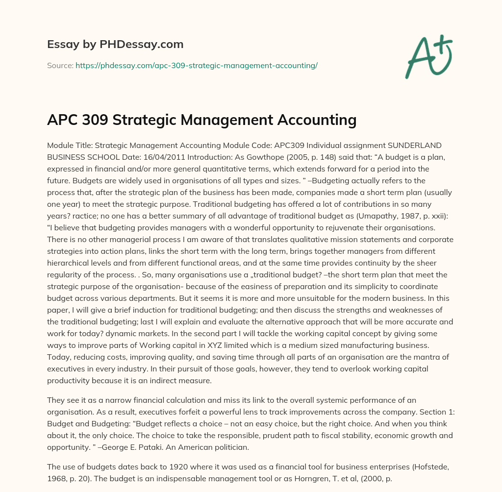APC 309 Strategic Management Accounting essay