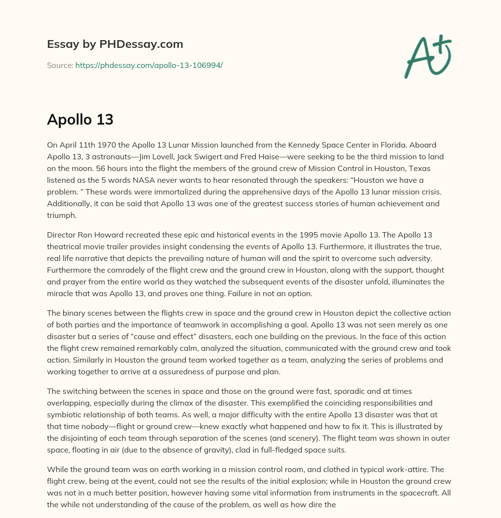 Apollo 13 Mission: A Story of Triumph and Adversity essay