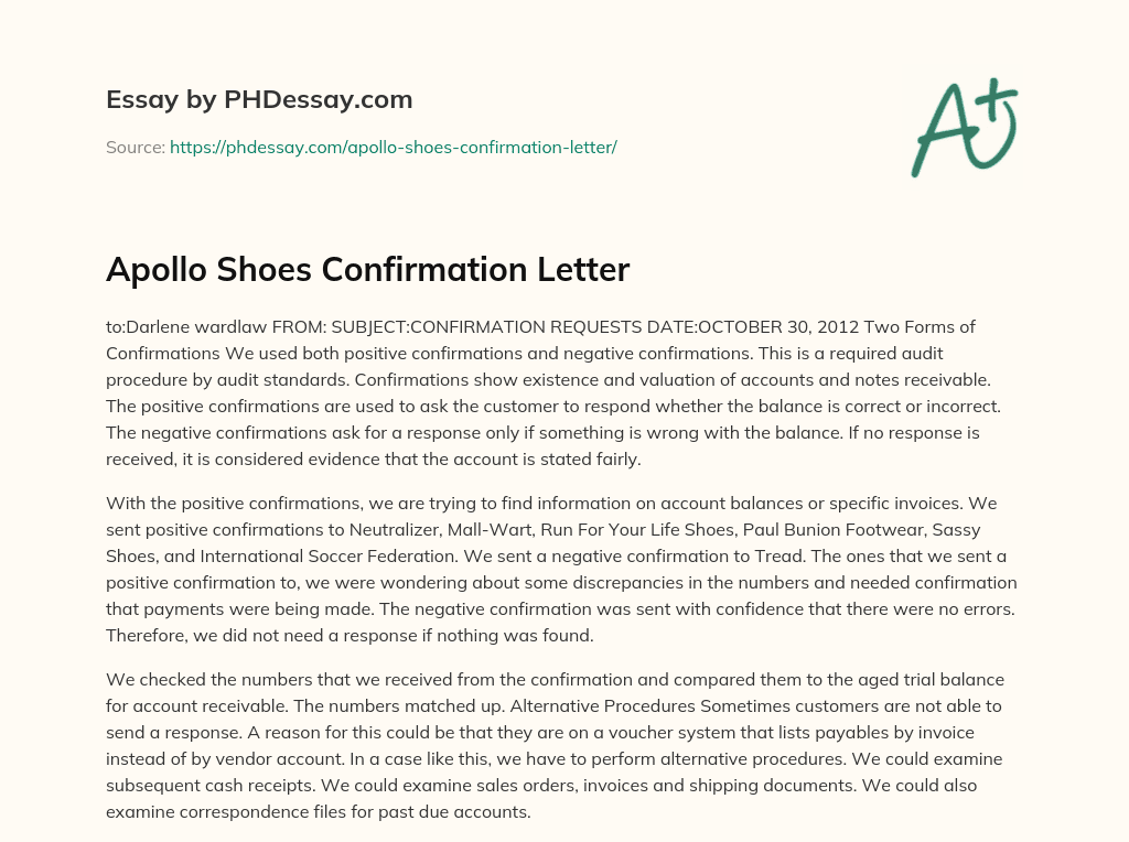Apollo Shoes Confirmation Letter essay