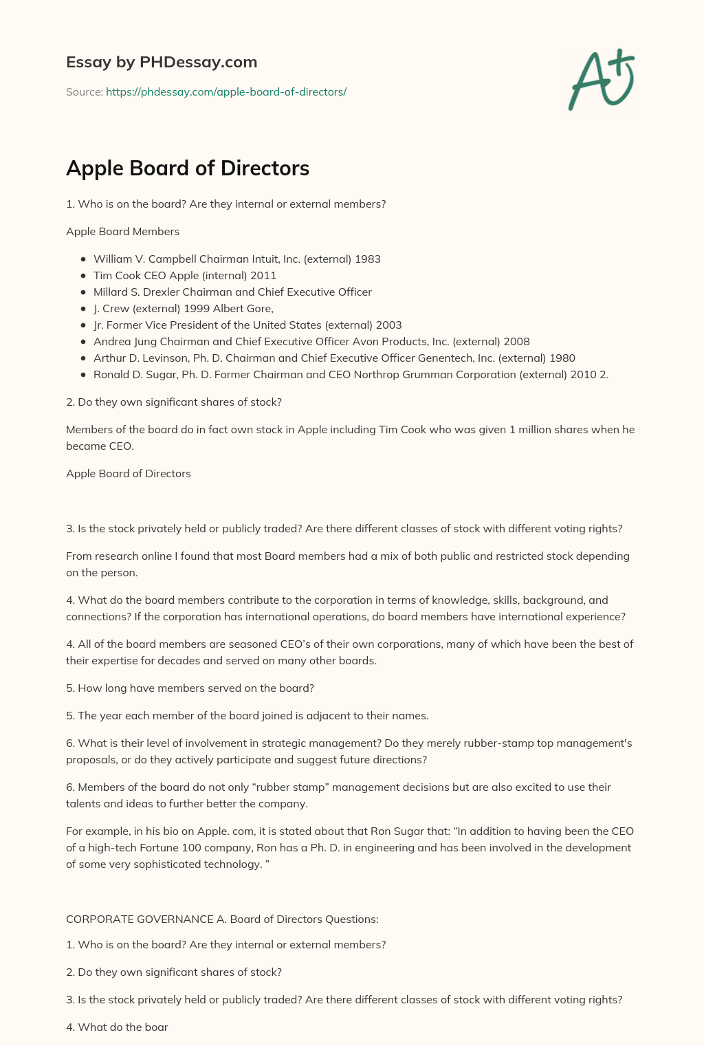 Apple Board of Directors essay