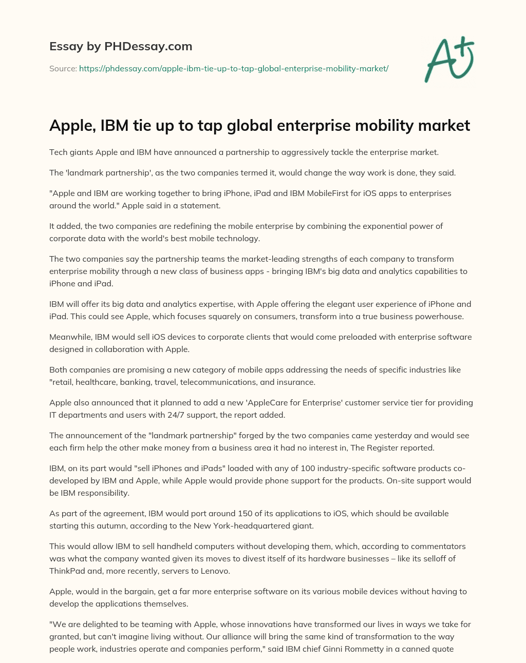 Apple, IBM tie up to tap global enterprise mobility market essay