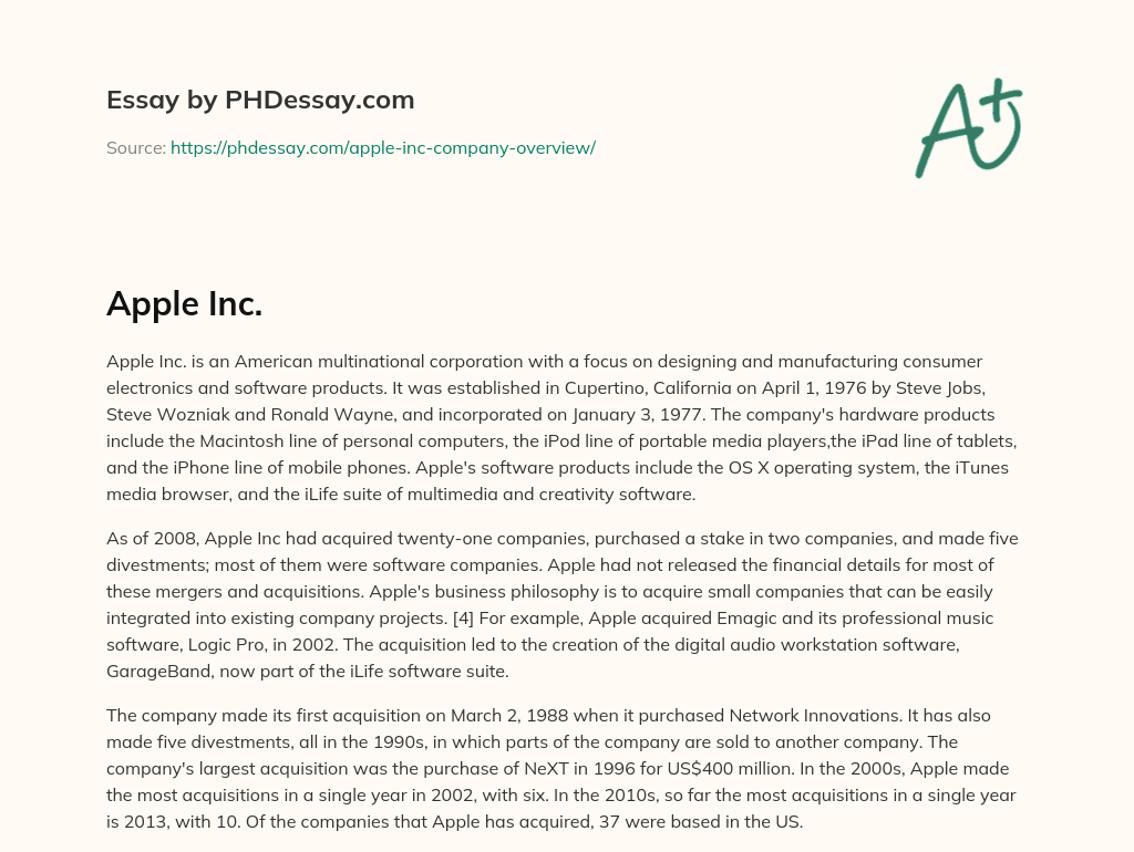 Apple Inc.: Designing and Manufacturing Consumer Electronics and Software Products Since 1976 essay