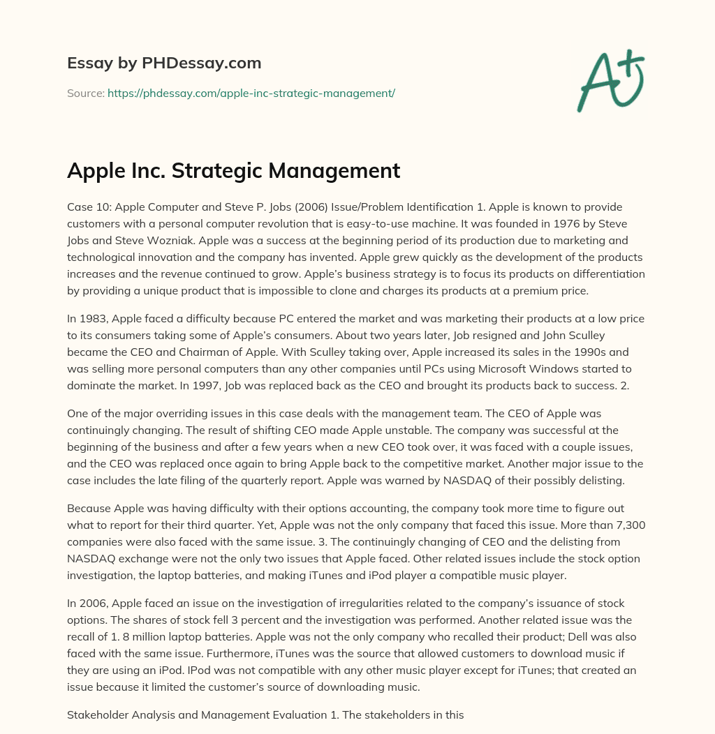 Apple Inc. Strategic Management essay