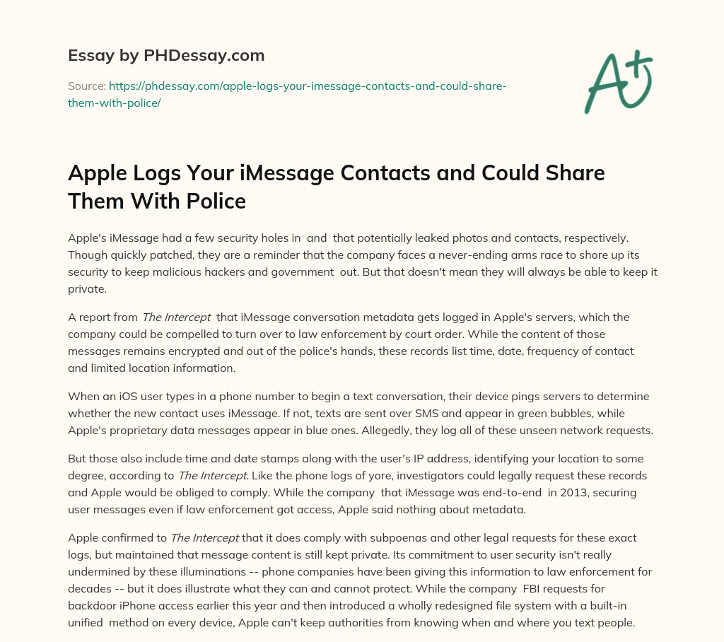 Apple Logs Your iMessage Contacts and Could Share Them With Police essay