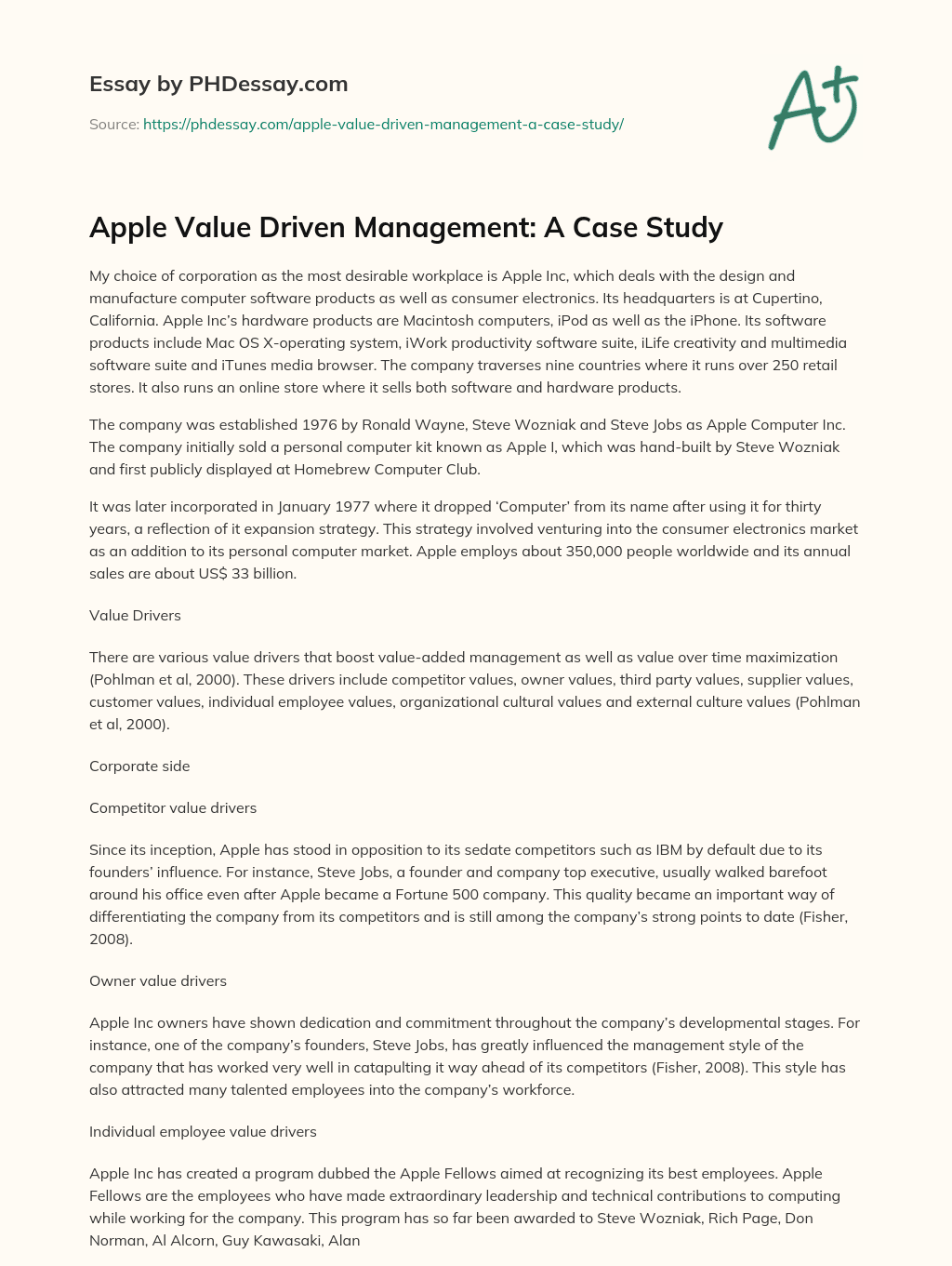Apple Value Driven Management: A Case Study essay