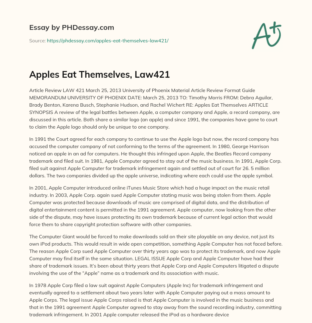 Apples Eat Themselves, Law421 essay