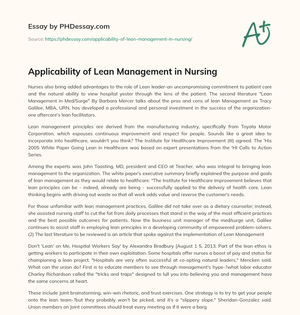 Applicability of Lean Management in Nursing essay