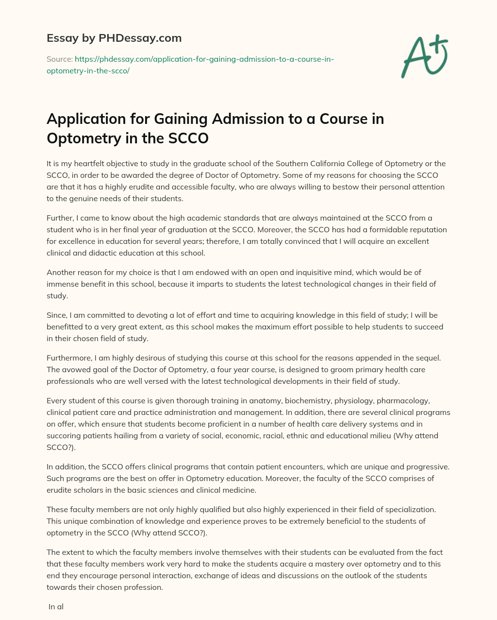 Application for Gaining Admission to a Course in Optometry in the SCCO essay